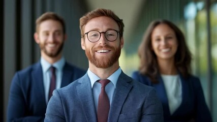 A male business leader smiles at the camera, then observes the scene, with a diverse team of professionals in the background during a corporate meeting, dynamic business video footage.