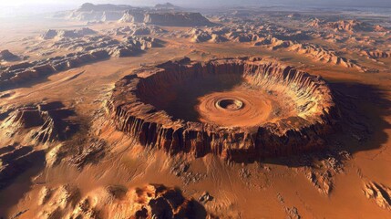 Vast, arid landscape with a large, circular crater