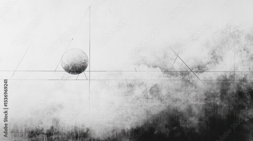 Poster abstract grayscale drawing with geometric forms and atmospheric textures