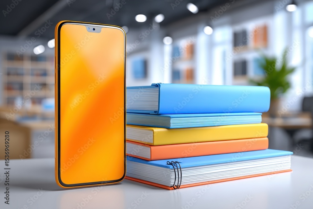 Poster a vibrant smartphone standing next to a stack of colorful books in a modern office, symbolizing tech