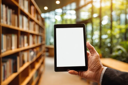 Man holding a tablet with a white screen in a library with shelves full of books, surrounded by greenery, providing a blank space for your content and designs.