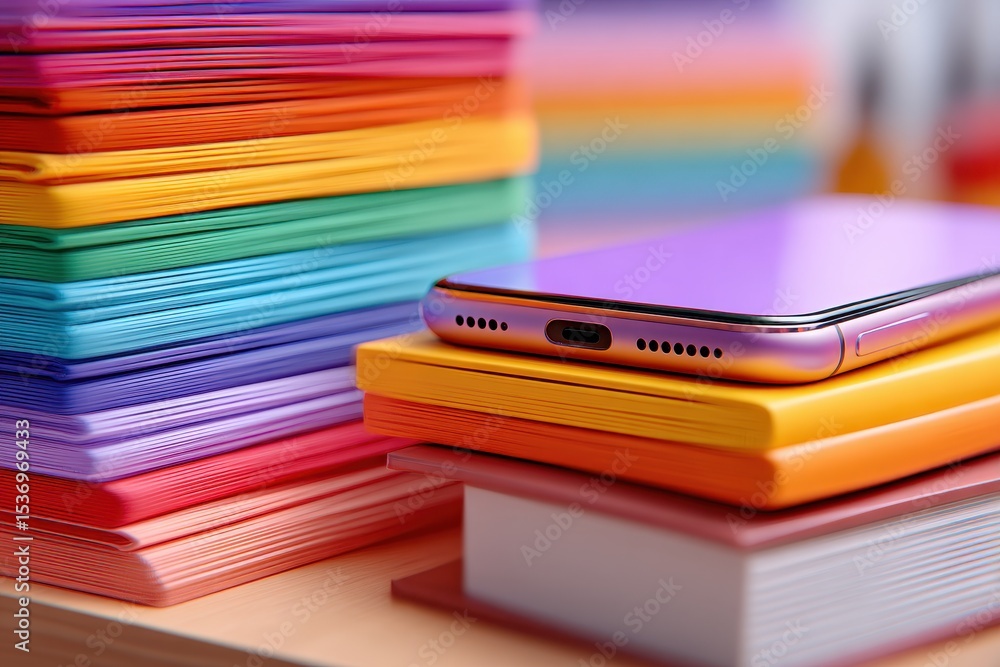 Poster a visually captivating composition featuring a sleek smartphone resting on a stack of books, with co