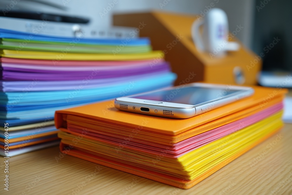 Poster a modern workplace with a smartphone resting on a stack of colorful notebooks, surrounded by office 