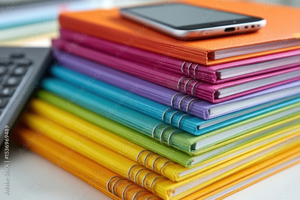 Poster a colorful stack of vibrant notebooks topped with a modern smartphone, along with a blurred calculat