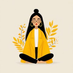 Serene Woman in Yellow Coat Meditating Amidst Golden Leaves