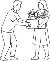 A vector line art illustration showcases a person assisting another person with groceries.
