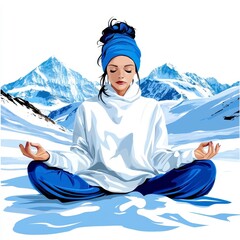 Serene Woman Meditates in Snowy Mountain Landscape
