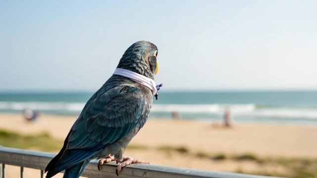 Dressed Parrot Perching on Railing at Beach with Ocean View