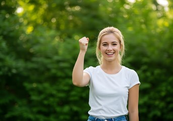 Obraz premium Young woman raising fist celebrating vote