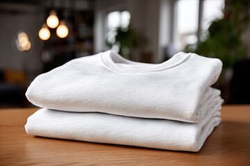 Close-up shot of a stack of neatly folded white sweatshirts on a wooden table, illuminated by natural light filtering through a window, indoors and clean.