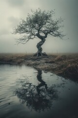 A solitary twisted tree stands by the still water reflecting its branches in a misty, dreamlike landscape creating a sense of peace and serenity