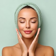Serene Woman with Freckles in Sage Green Towel, Peaceful Skincare Portrait