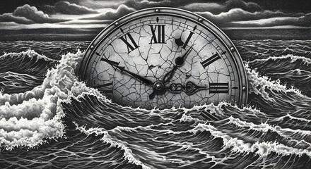 Fototapeta premium Surreal depiction of a clock emerging from a turbulent ocean illustration