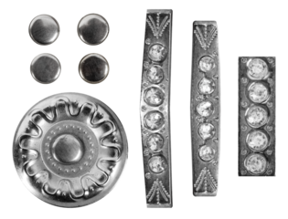 Isolated photo of metal buttons and elements on white background.