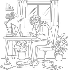 Monochrome Illustration of Stressed Man Working from Home with Phone.