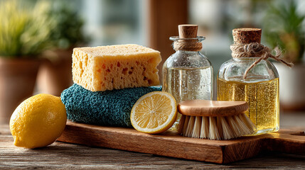 Still life of cleaning supplies with lemon and wood board.