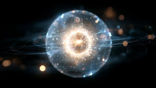 Abstract glowing sphere with energy streams in blue and gold over dark background representing futuristic quantum power

