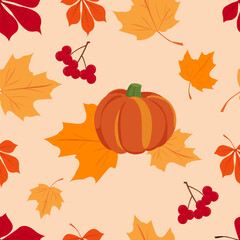 Autumn colorful seamless pattern with fall leaves and pumpkin. Vector autumn background.
