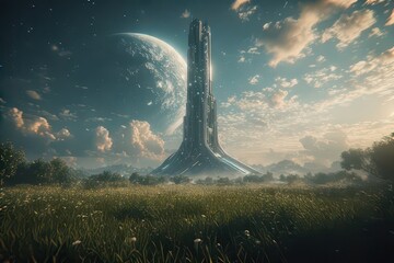 Futuristic skyscraper towers above a lush meadow, with a colossal planet looming in the background, merging nature and technology for a mesmerizing vista .