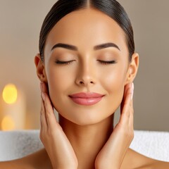 Serene Young Woman with Glowing Skin, Close Up Portrait
