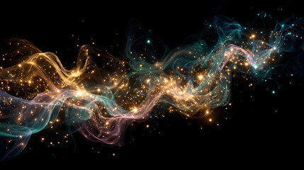 Detailed tendrils of neon smoke intertwined with bright glitter sparks on a black background