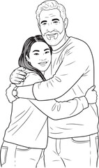 Vector line art depicting two diverse individuals in a loving hug. The image emphasizes the tenderness and warmth of the relationship, with crisp black lines