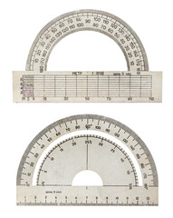 Isolated photo of antique soviet angle ruler tool on white background.