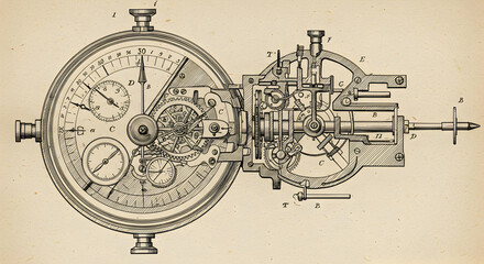 Detailed vintage watch mechanism diagram illustration in sepia tones for engineering purposes