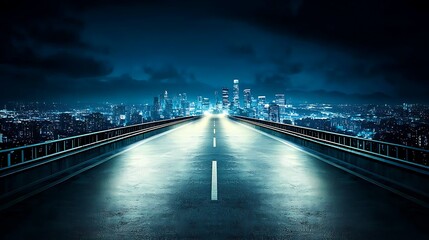 Obraz na płótnie Canvas Night Cityscape View from Elevated Highway Road Leading to Bright City Lights at Night