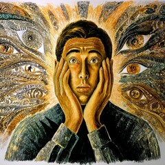 Shocked Man Surrounded by Eyes in Textured Gold Background