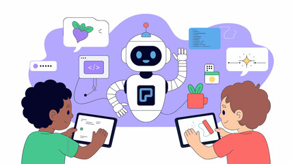 Children Learning Coding with a Friendly Robot Assistant: A vibrant design featuring kids, technology, and playful programming elements ideal for educational websites, apps, or children's books.