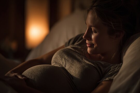 A serene pregnant woman resting in bed with a peaceful expression, cradling her baby bump in a dimly lit, warm and comfortable bedroom environment at night. - Powered by Adobe