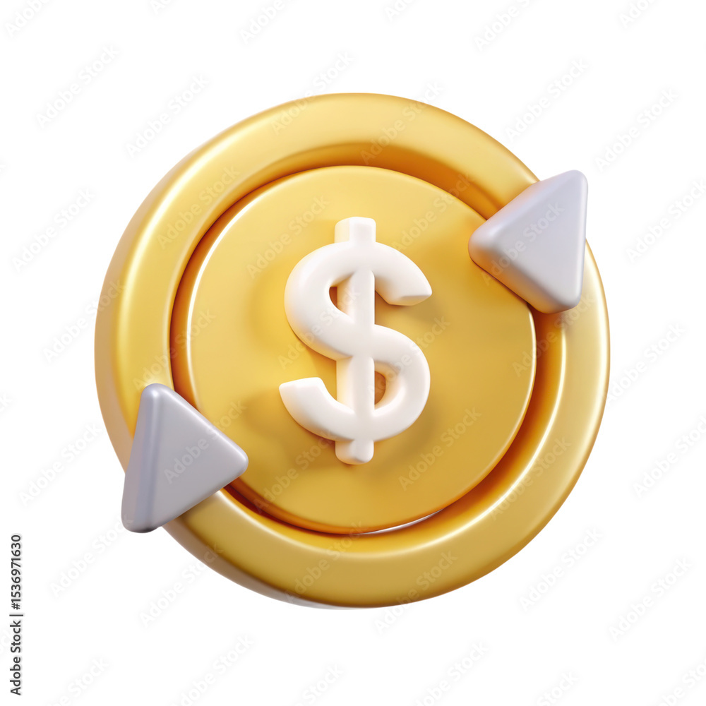 Poster 3d rendering icon gold coin with white dollar sign and grey arrows rotating around it isolated on a 