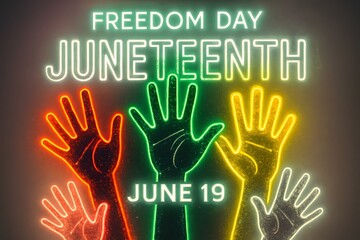 Obraz premium Juneteenth Freedom Day Celebration with Neon Hands and Text on Dark Background created by Generative AI.