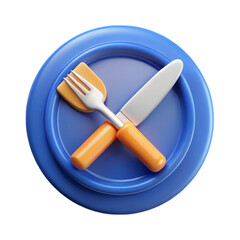 Fototapeta premium 3D rendering icon Orange and silver fork and knife crossed on a blue plate isolated on a transparent background
