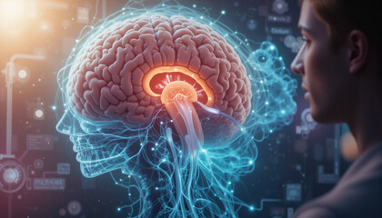 Concept of brain disease with brain cancer and tumor and a hazy silhouette of a doctor in the foreground.