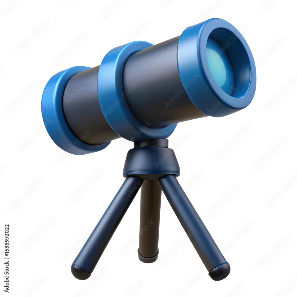 Poster blue and dark gray 3d rendering icon of a small telescope on a tripod isolated on a transparent back