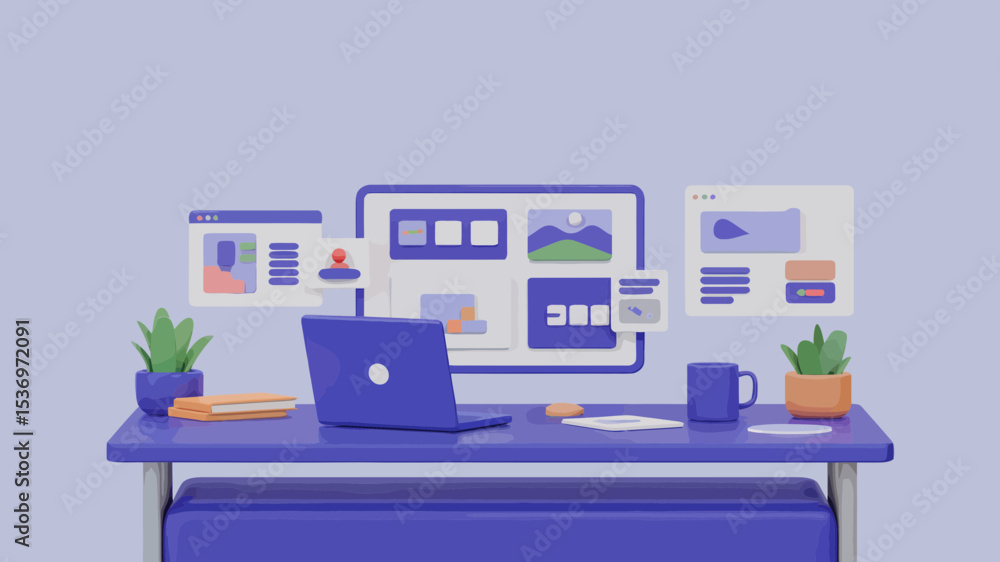 Poster modern workspace design featuring a laptop computer desktop interface showcasing website design elem