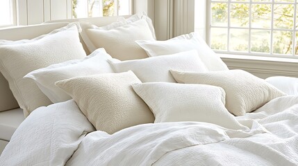 Obraz premium Luxurious White and Cream Textured Bedding Set for a Serene Bedroom Soft Cotton Pillows and Comforter