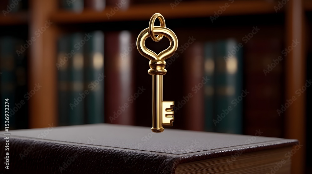 Poster golden key floating above an old book in a library