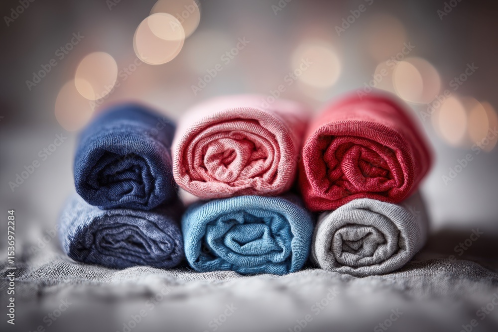 Poster a neatly arranged stack of rolled colorful cotton t-shirts in pastel tones, sitting on a linen fabri