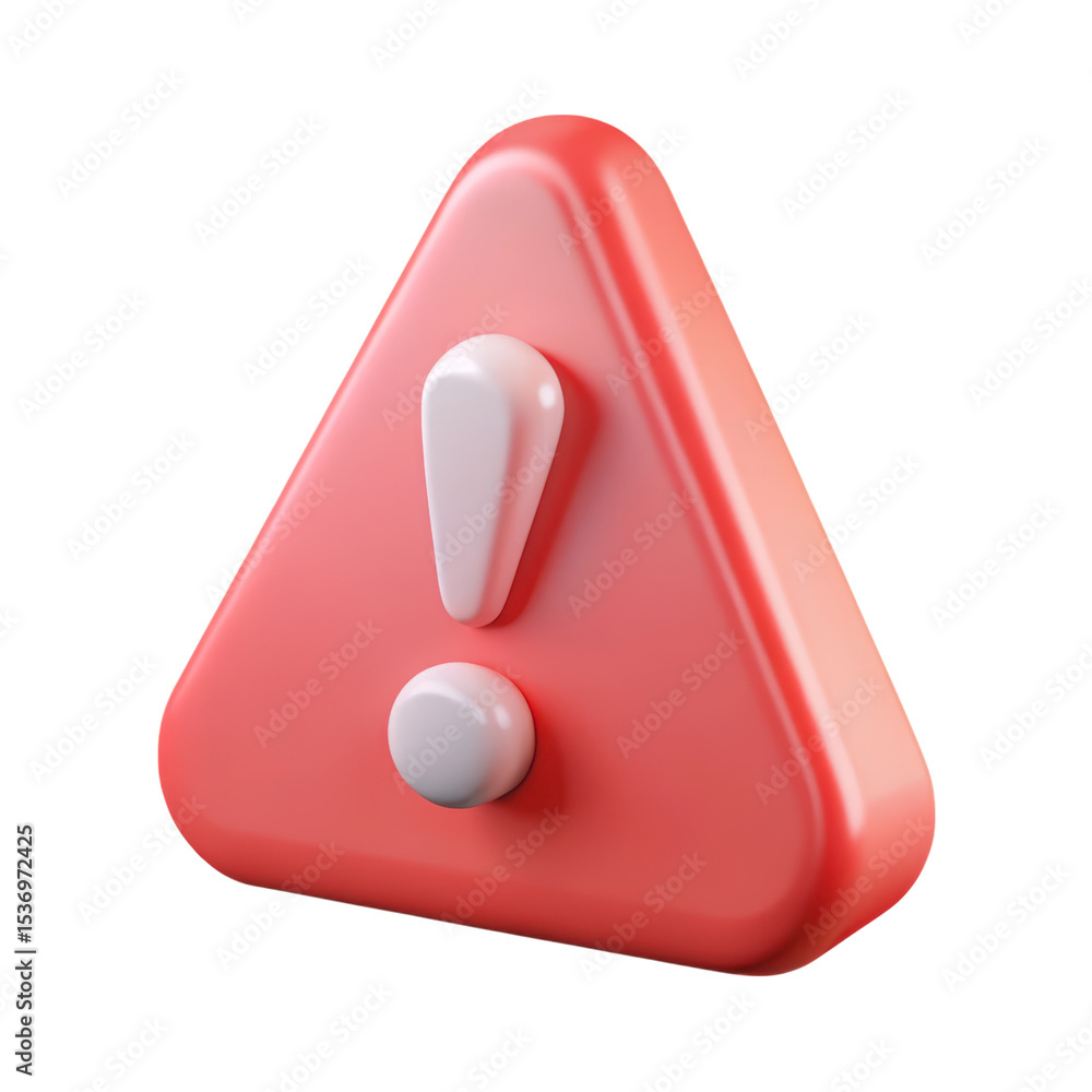 Poster coral red triangle 3d rendering icon with white exclamation mark isolated on a transparent backgroun