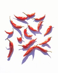Obraz premium A vibrant arrangement of red chili peppers on a white background, showcasing their glossy texture