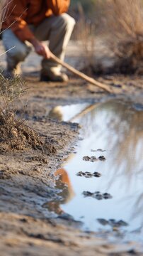Wildlife Tracker Examining Animal Footprints in Mud with Notched Stick and Keen Observation Skills
