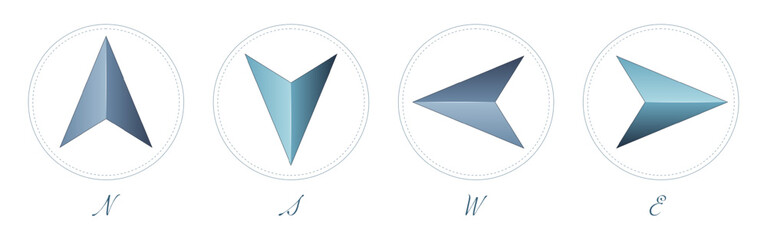 Compass, arrows, directions of the cardinal points. Vector illustration with gradient. Cold color palette. Elements of the wind rose.