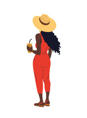 Vector illustration of stylish Afro Caribbean woman seen from behind, wearing a sleeveless jumpsuit, hat, sandals, holding a smoothie. Full length, isolated on transparent background