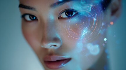 Futuristic portrait of a woman with holographic display, showcasing technology's integration with humanity for innovative solutions