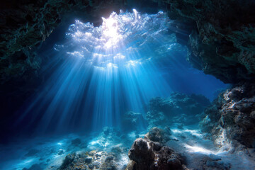 Obraz premium Sunbeams penetrate clear water illuminating the underwater landscape and coral