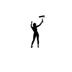 woman painting wall with roller silhouette black on white background