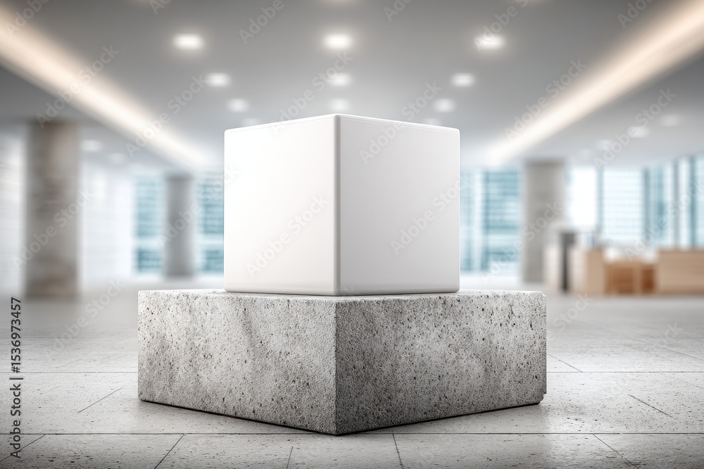 Aufkleber white cube sitting on a concrete block with a modern, bright office in the background, creating a mi